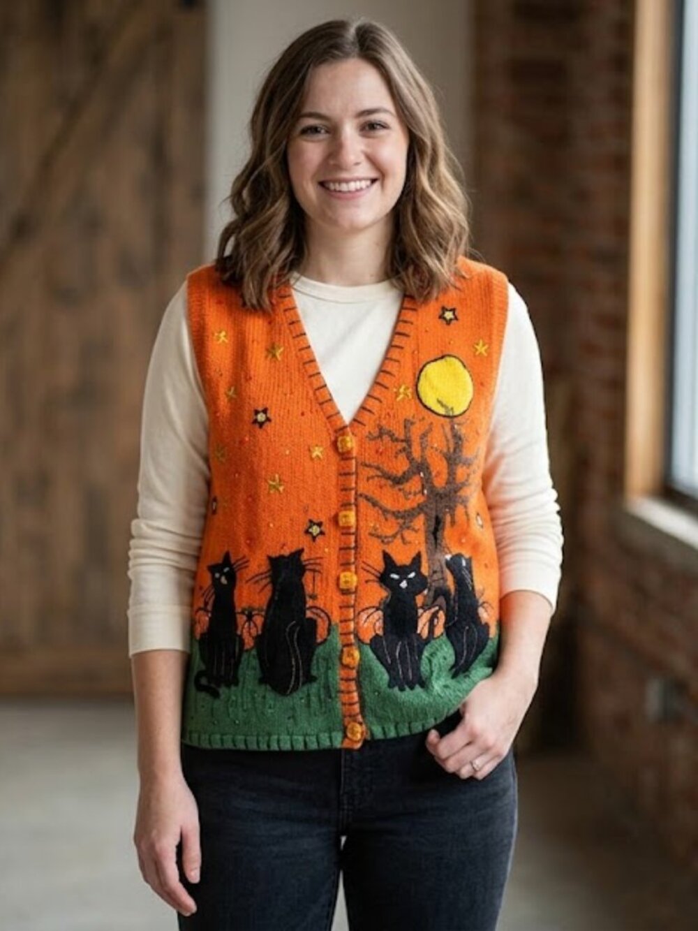 Vintage Basic Editions Halloween Cat Knit Sweater Vest XL - Black Cats & Pumpkin